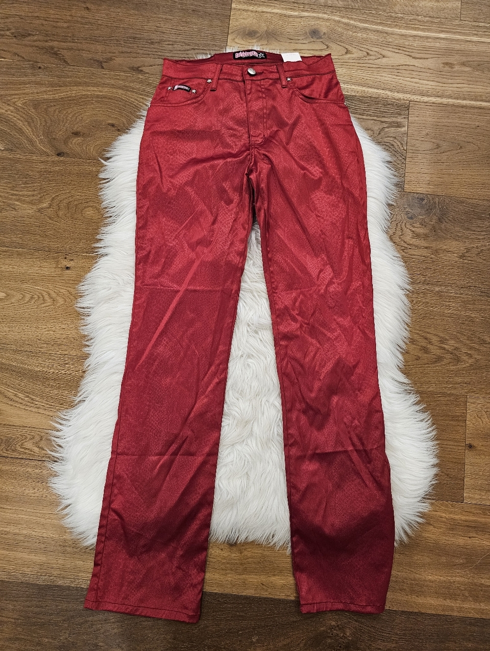 Vintage Low Ride Red Shiny Snakeprint Straight-Leg Pants